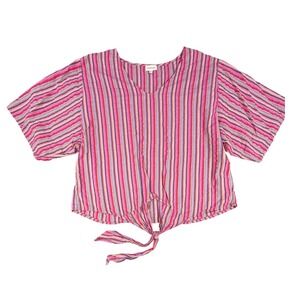 Dizzy Gal Womens 2X Pink Striped V-Neck Tie Front Cotton Metallic Blouse Top‎